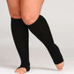 Breathable open-toe compression socks in black and beige, worn up the calf