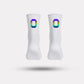 Black cycling socks with reflective stripes, worn high on the calf