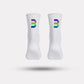 Black cycling socks with reflective stripes, worn high on the calf