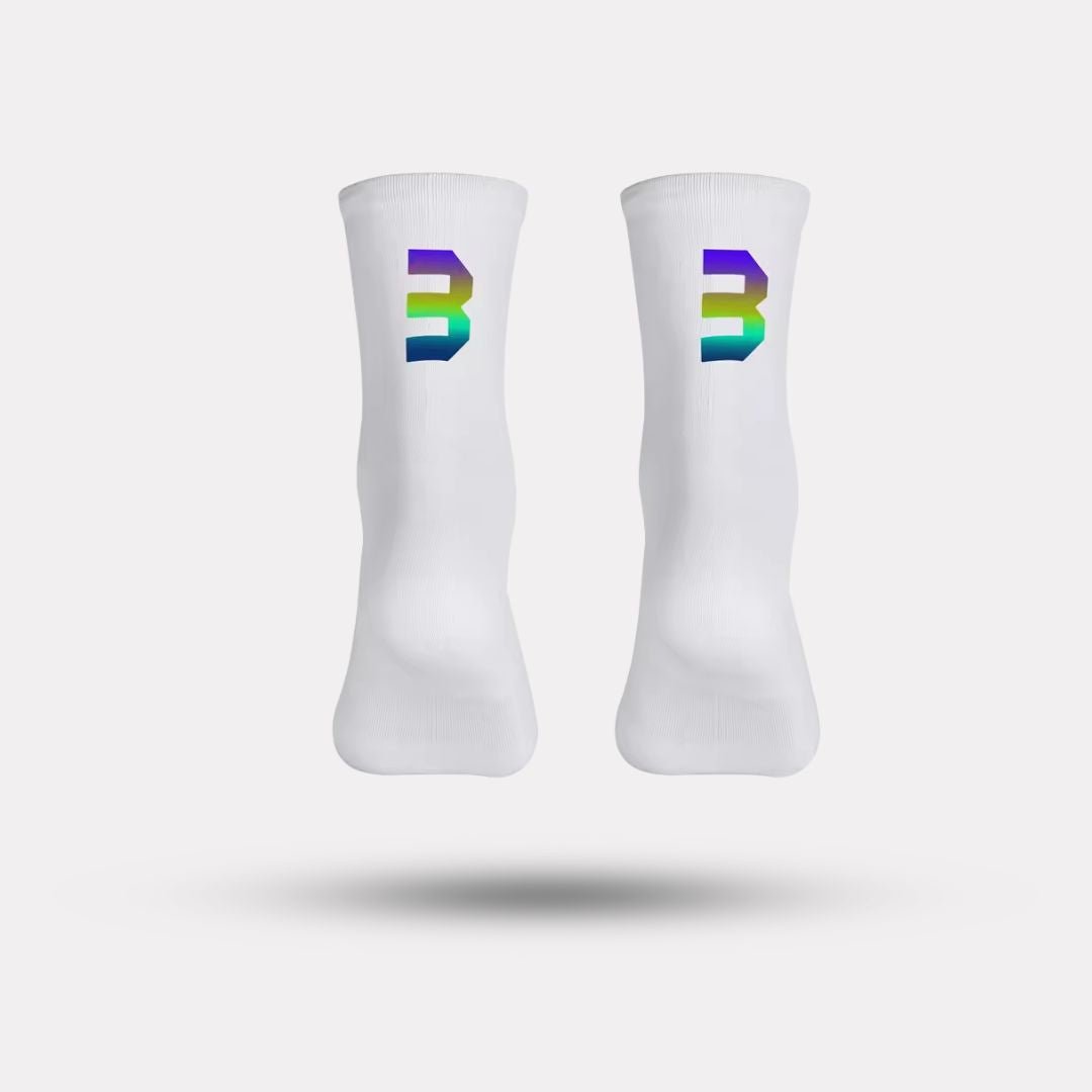 Black cycling socks with reflective stripes, worn high on the calf