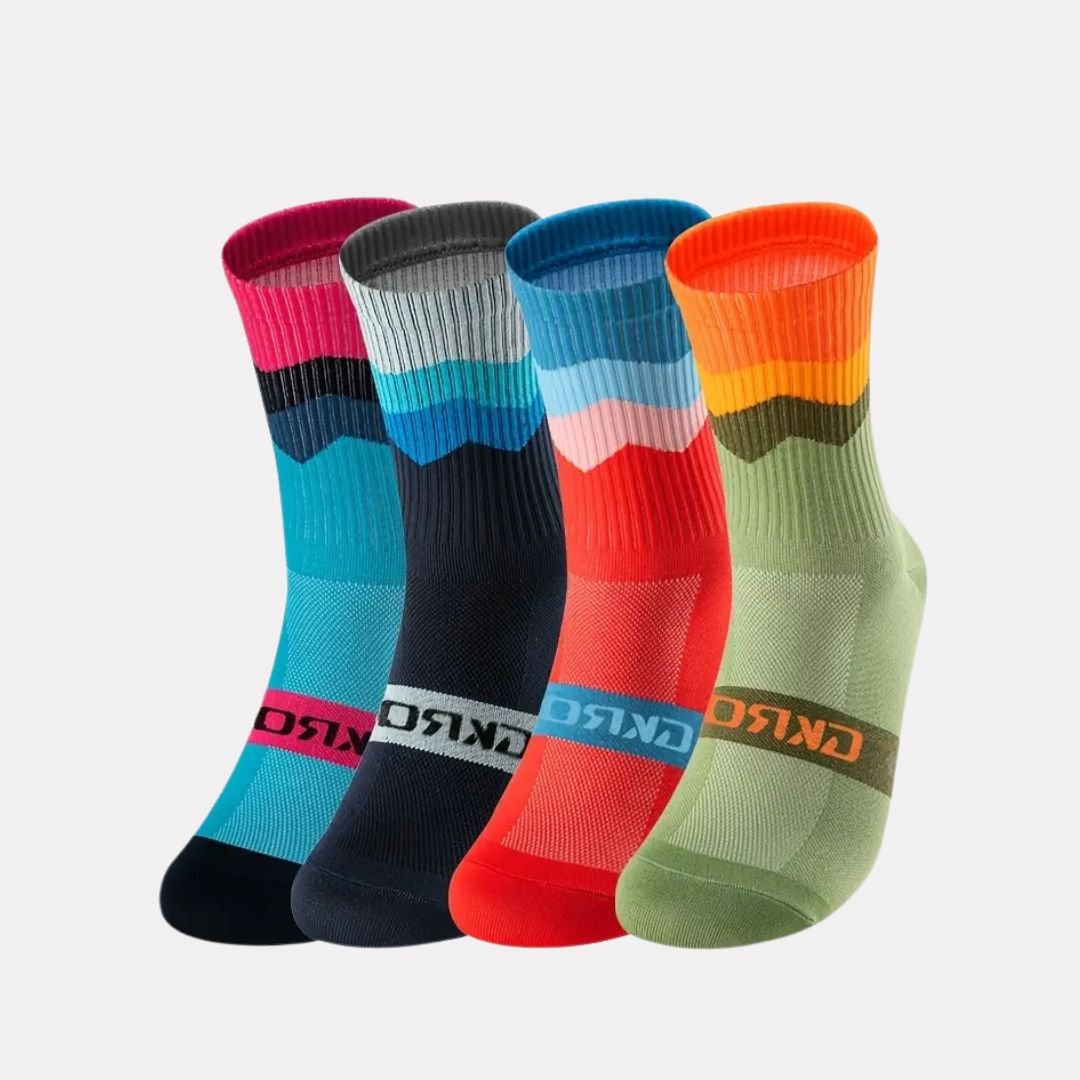 Mid-calf cycling socks in breathable knit, in green, orange, black, pink and blue