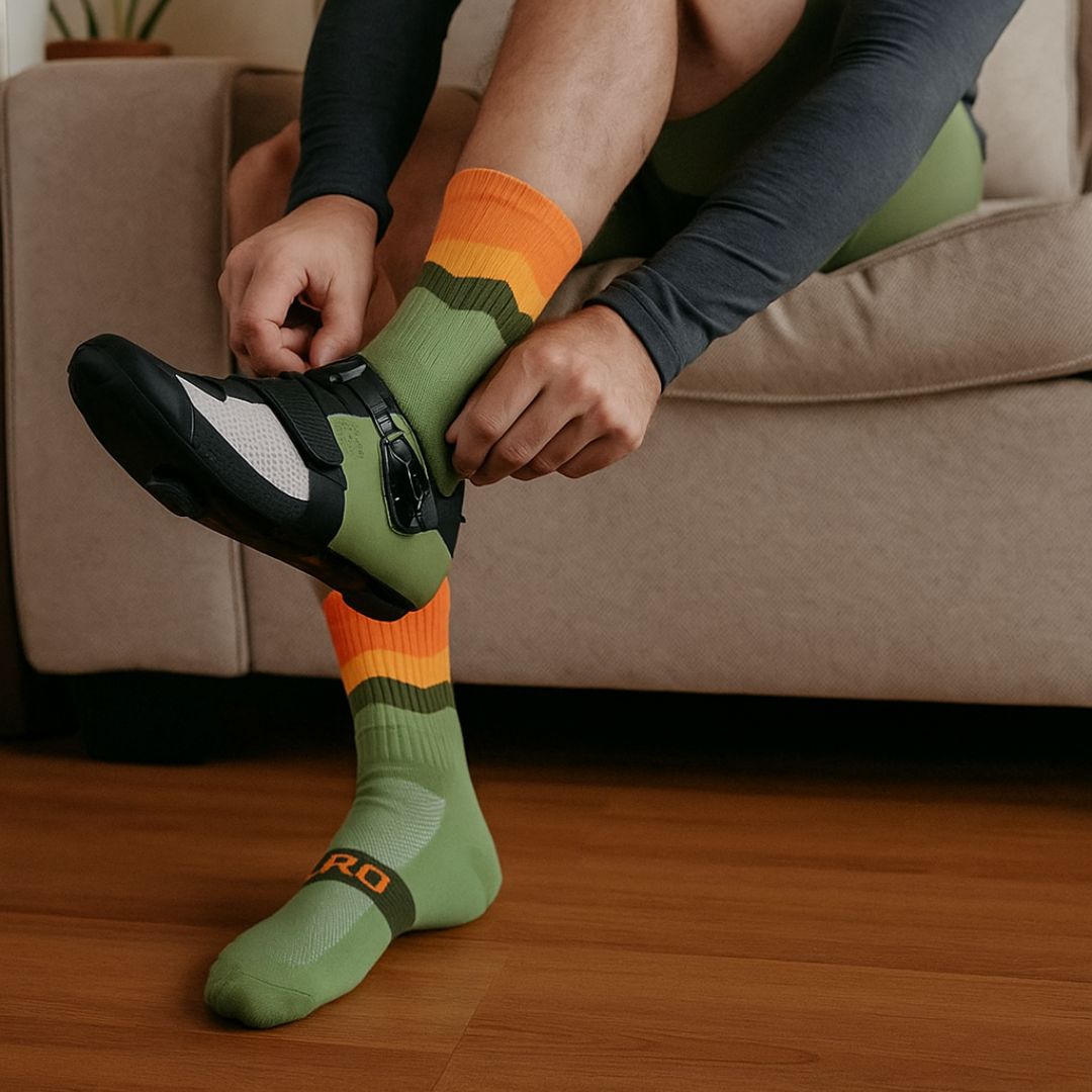 Mid-calf cycling socks in breathable knit, in green, orange, black, pink and blue