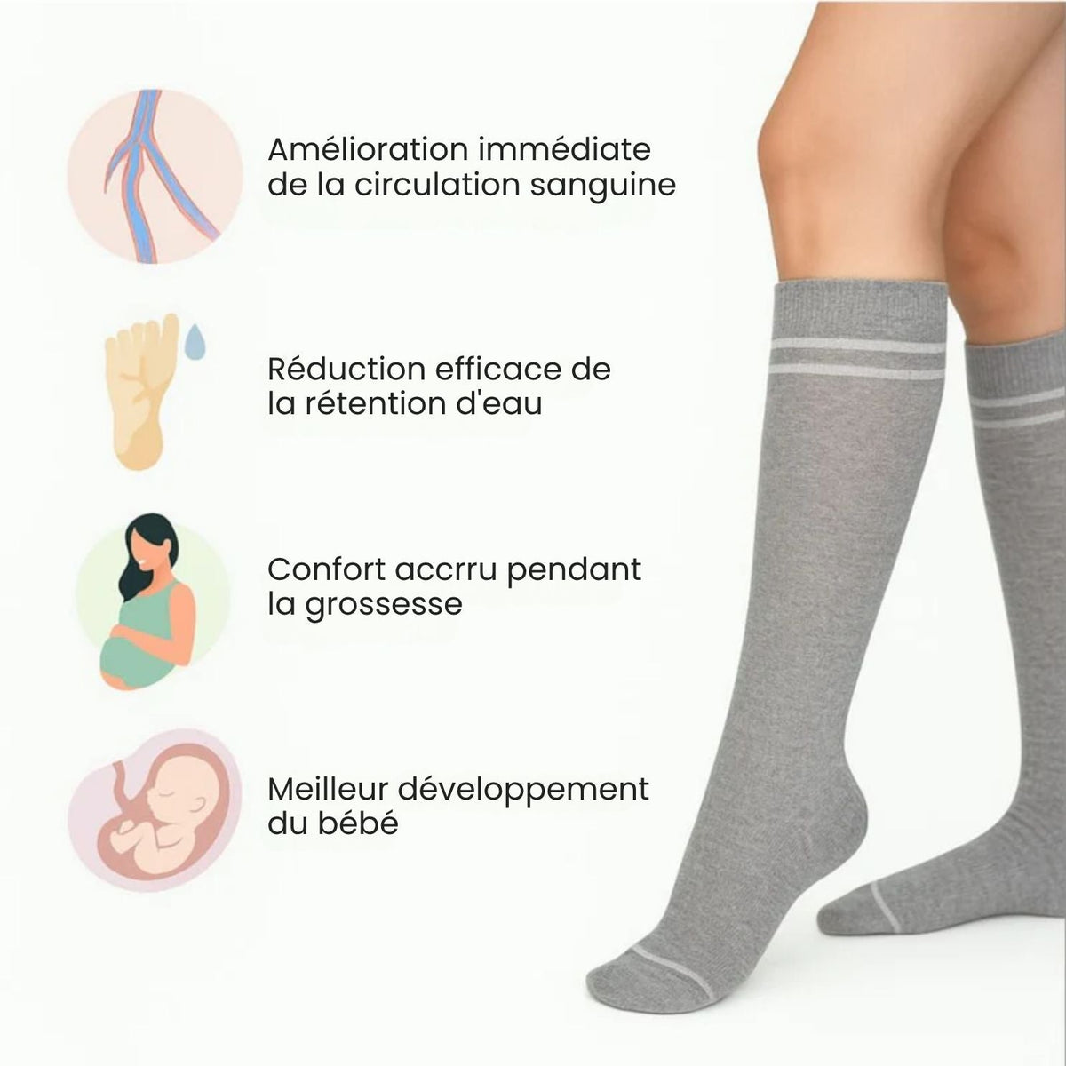Pregnancy compression socks with gentle 15 to 20 mmHg support, worn up to the knee