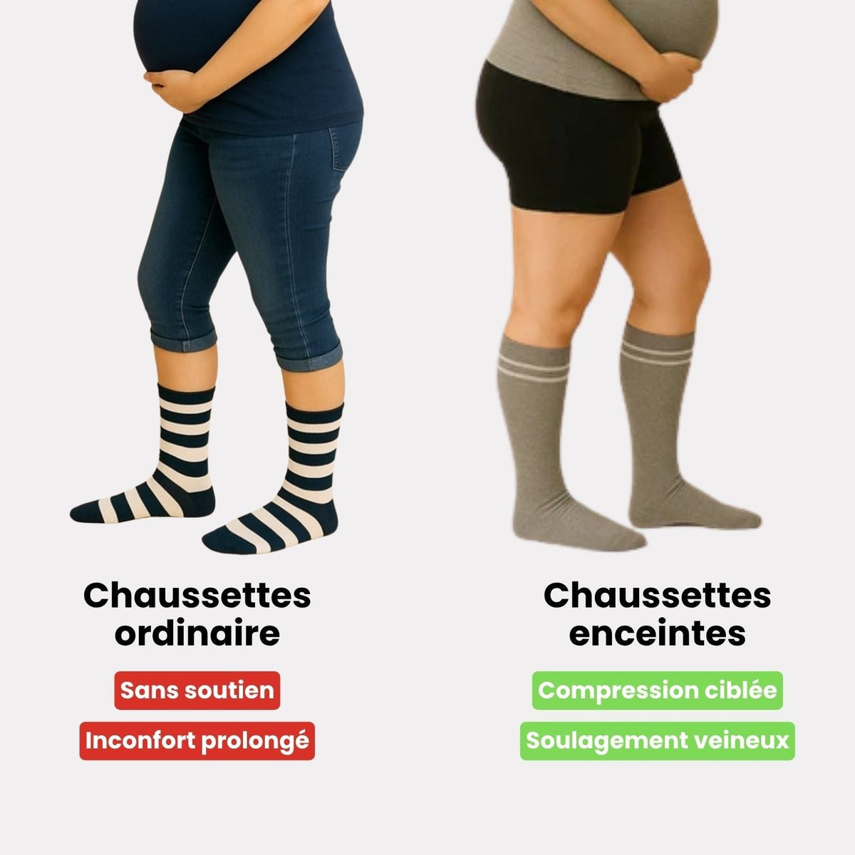 Pregnancy compression socks with gentle 15 to 20 mmHg support, worn up to the knee
