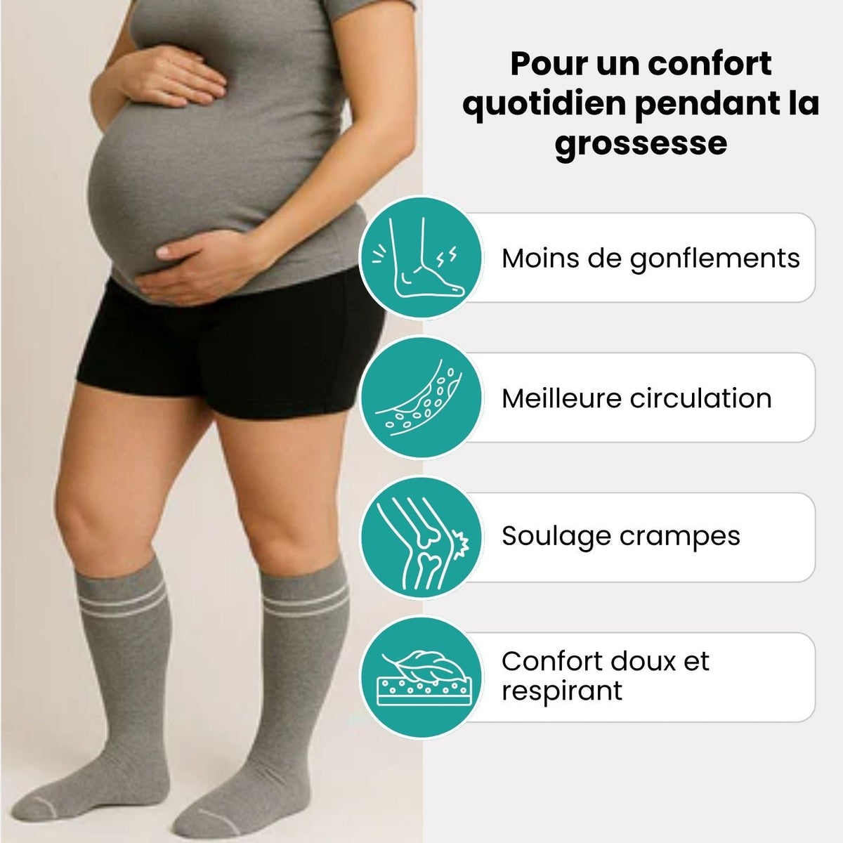 Pregnancy compression socks with gentle 15 to 20 mmHg support, worn up to the knee