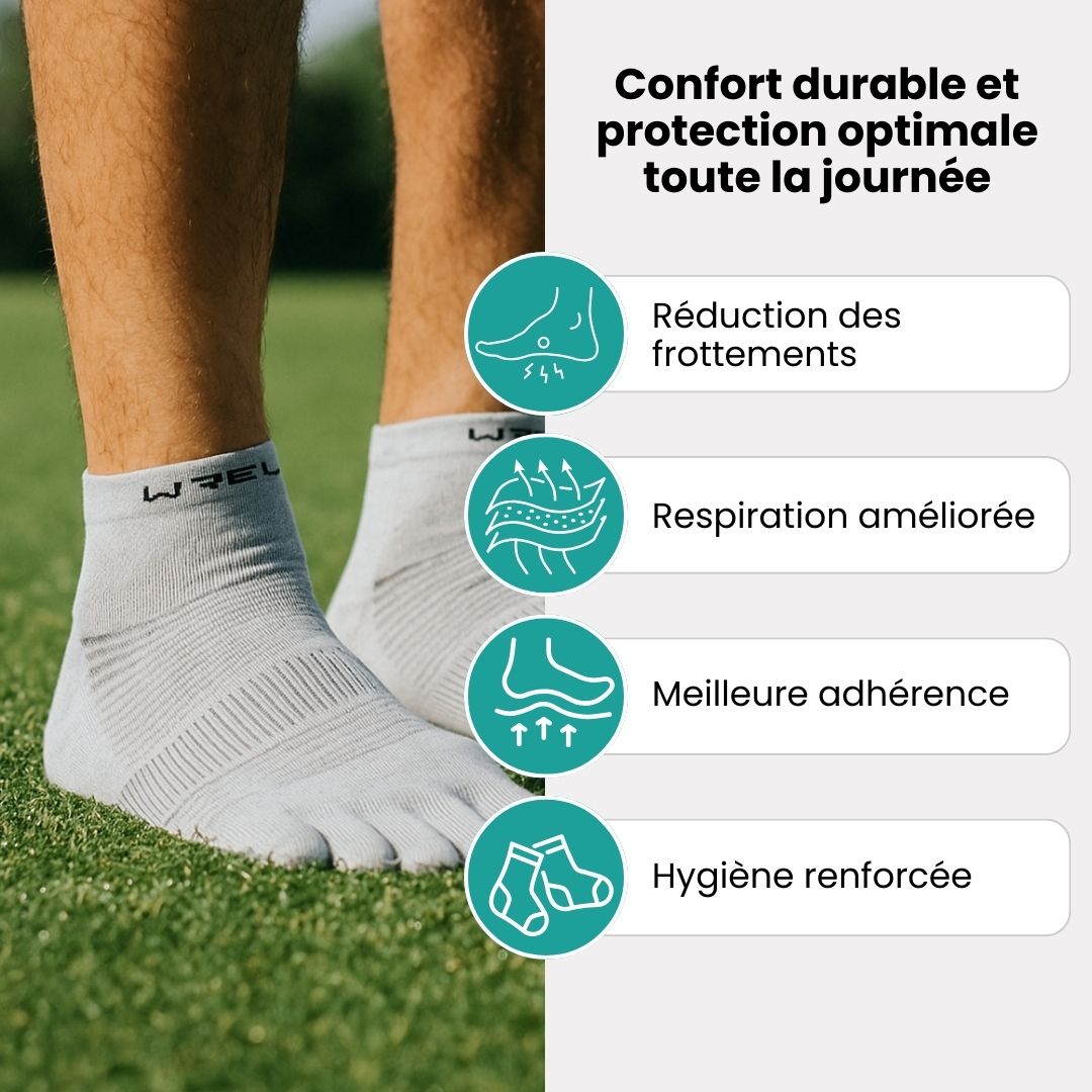 Breathable five-toe sport socks with a separate pocket per toe, in gray, black, blue and red