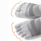 Breathable five-toe sport socks with a separate pocket per toe, in gray, black, blue and red