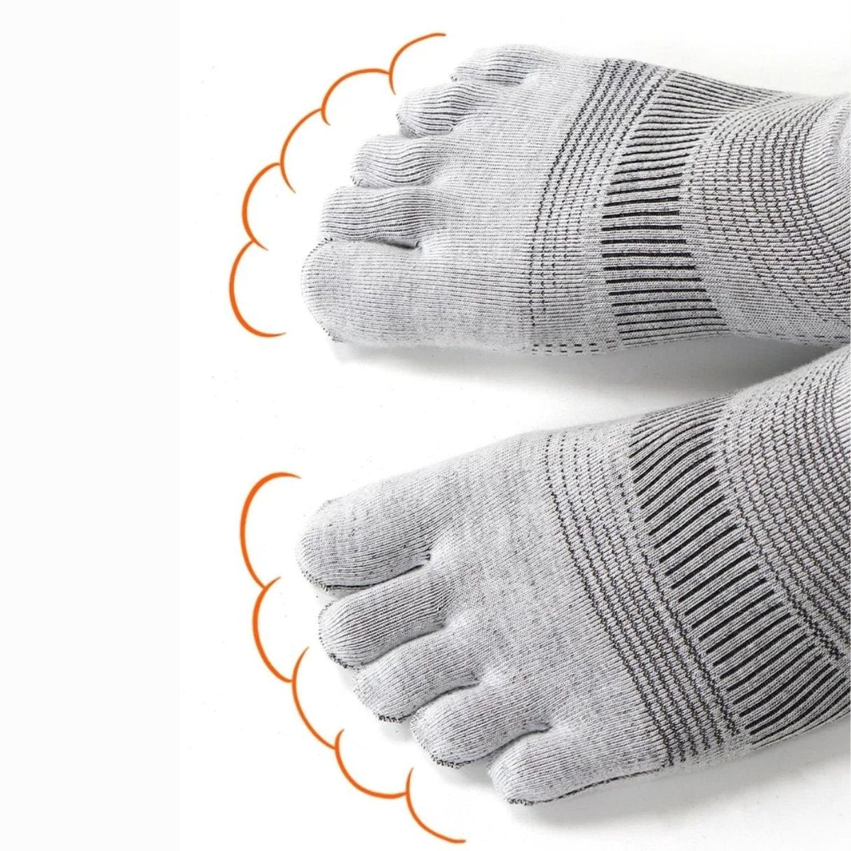 Breathable five-toe sport socks with a separate pocket per toe, in gray, black, blue and red