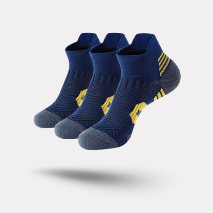 Three pairs of navy sport socks with reinforced heel and toe panels