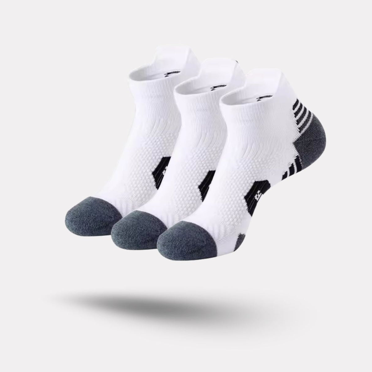 Three pairs of navy sport socks with reinforced heel and toe panels