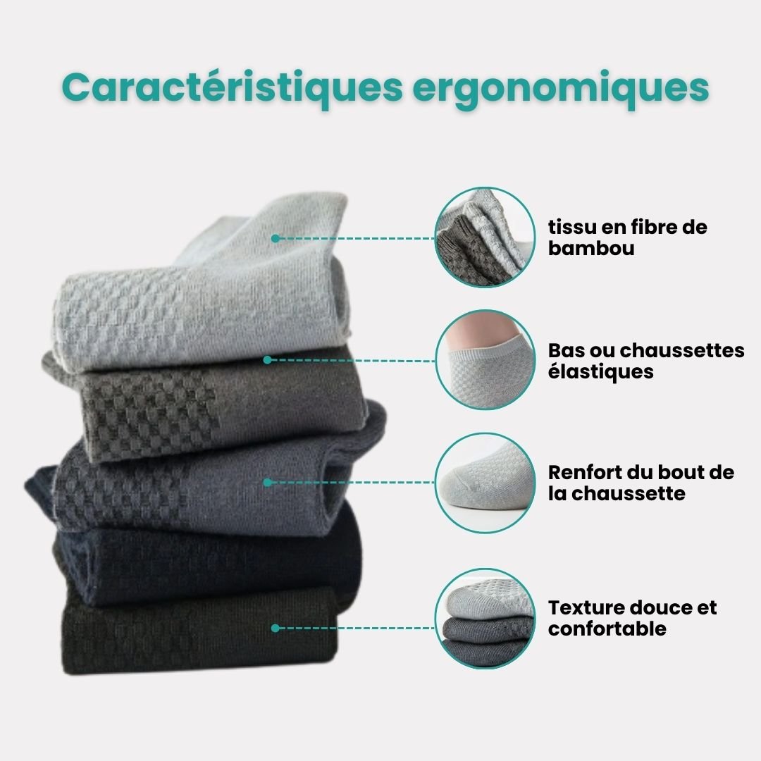 Five pairs of soft bamboo fiber socks in black and gray, worn up to mid-calf