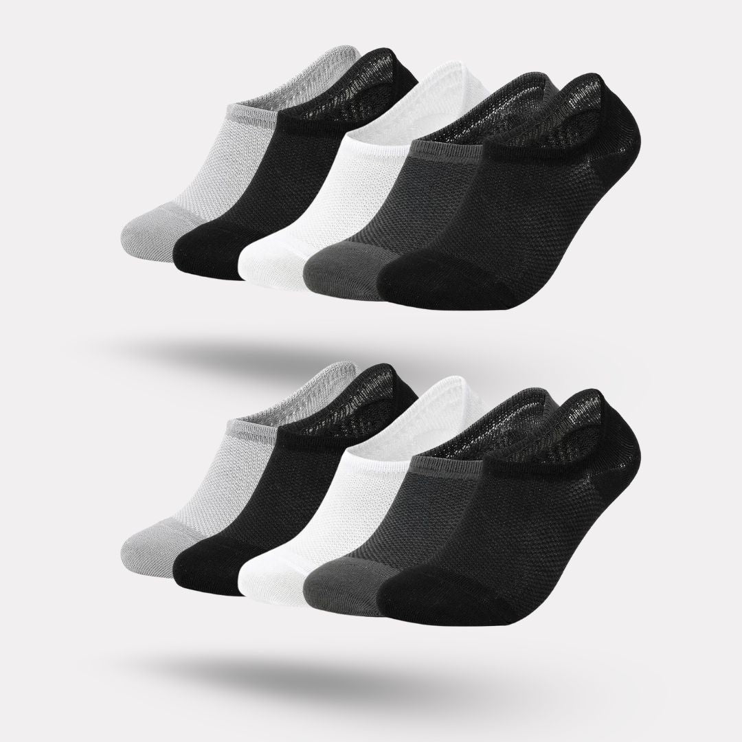 Thin bamboo fiber socks in black, white and mixed colors, sitting just above the ankle