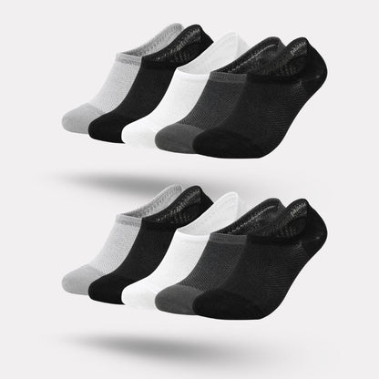 Thin bamboo fiber socks in black, white and mixed colors, sitting just above the ankle