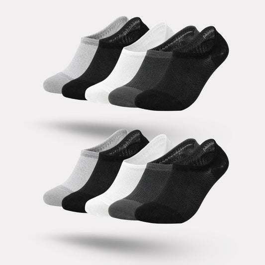 Thin bamboo fiber socks in black, white and mixed colors, sitting just above the ankle
