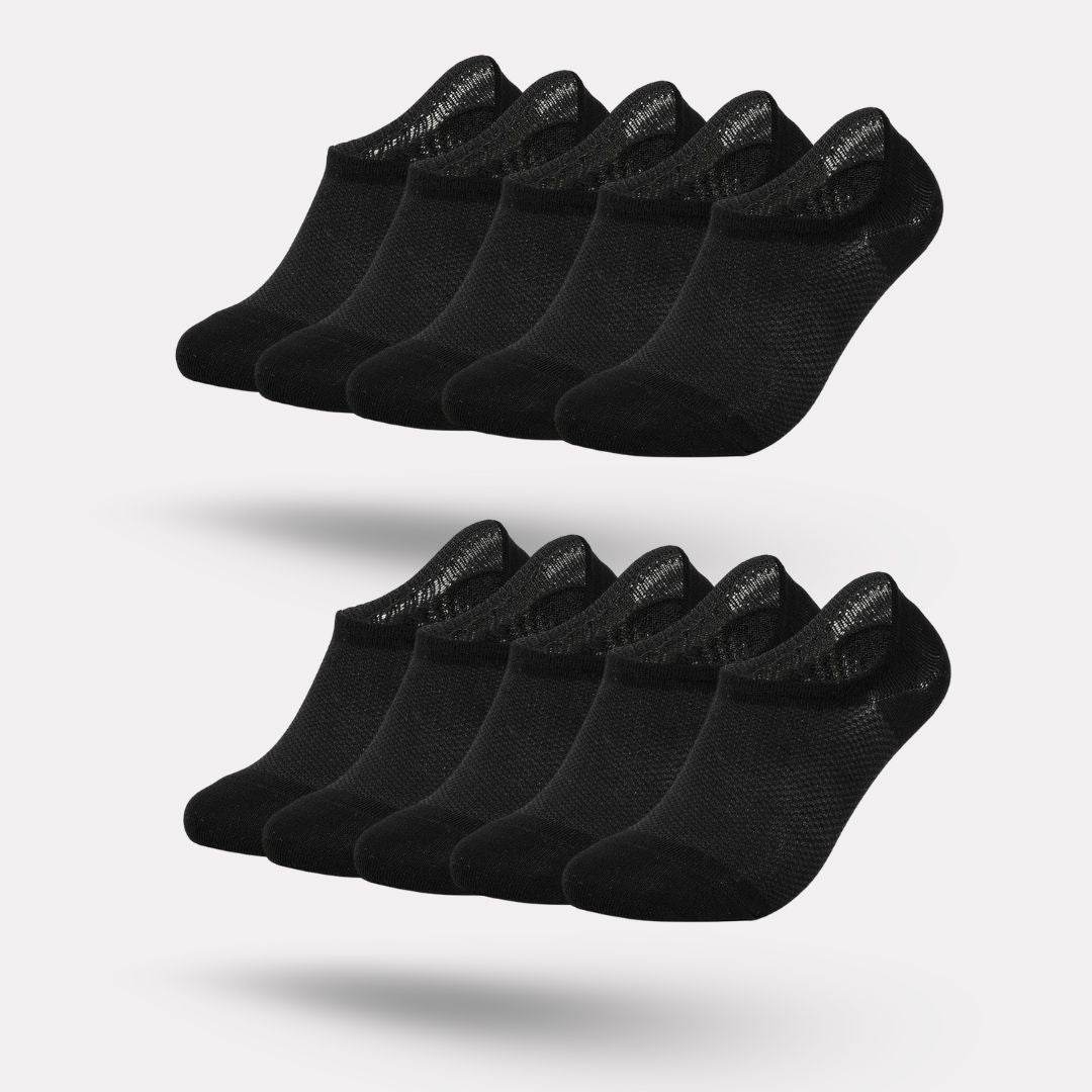 Thin bamboo fiber socks in black, white and mixed colors, sitting just above the ankle