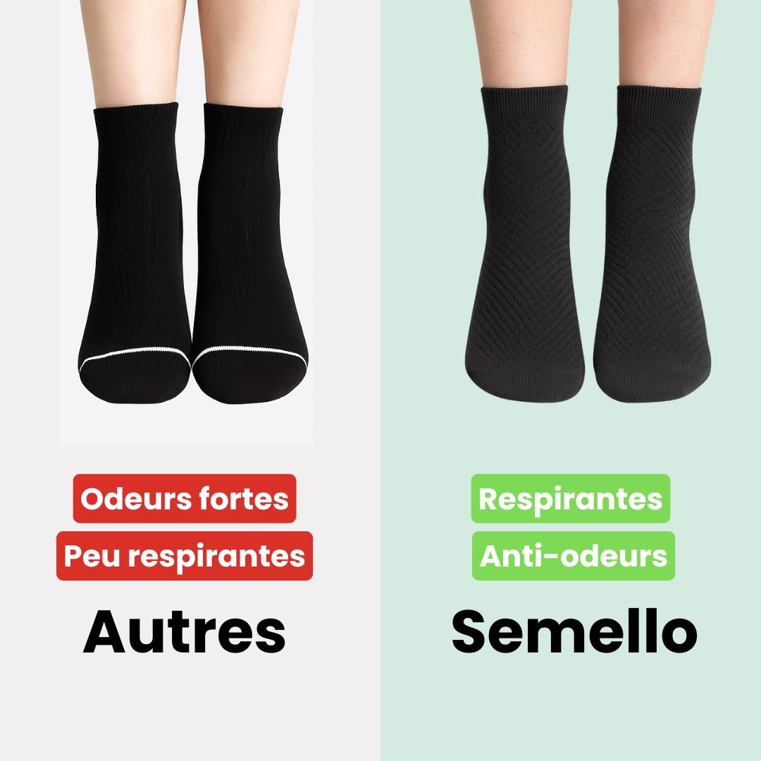 Bamboo fiber crew socks worn at the ankle, in five-pair packs of black, gray or navy