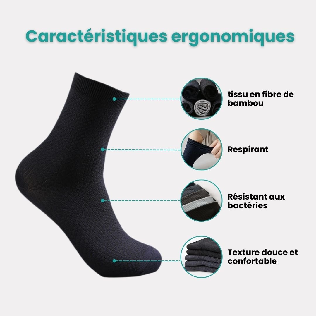 Bamboo fiber crew socks worn at the ankle, in five-pair packs of black, gray or navy