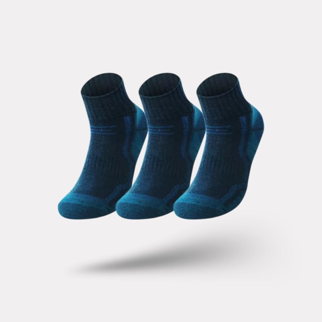 Merino wool hiking socks reaching mid-calf, in gray, black, khaki and blue