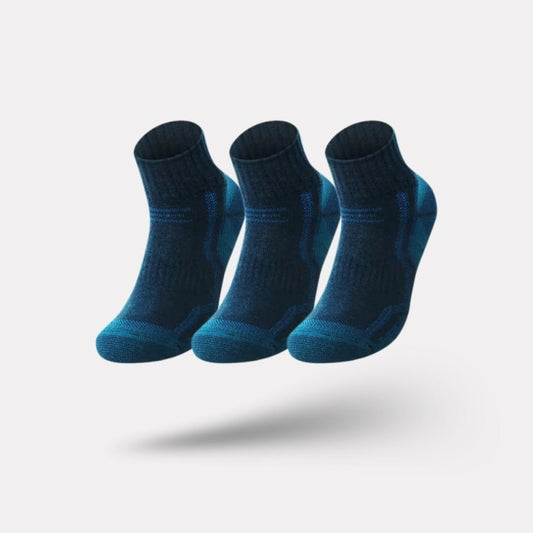 Merino wool hiking socks reaching mid-calf, in gray, black, khaki and blue