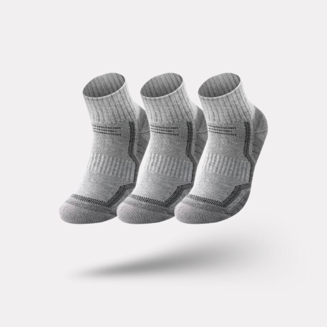 Merino wool hiking socks reaching mid-calf, in gray, black, khaki and blue