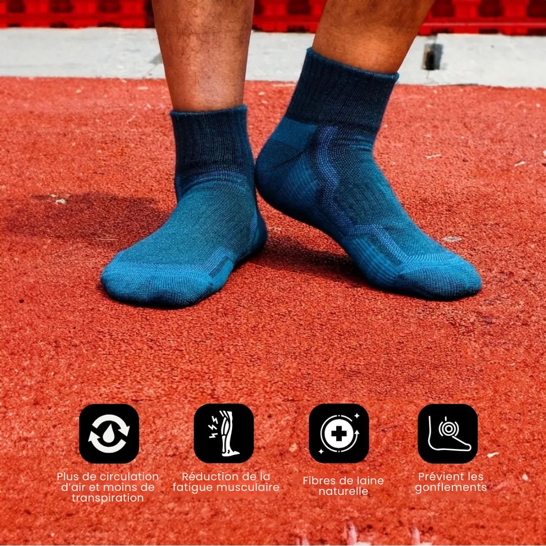 Merino wool hiking socks reaching mid-calf, in gray, black, khaki and blue