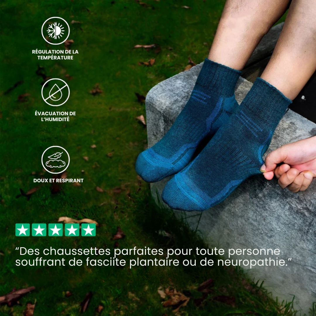 Merino wool hiking socks reaching mid-calf, in gray, black, khaki and blue