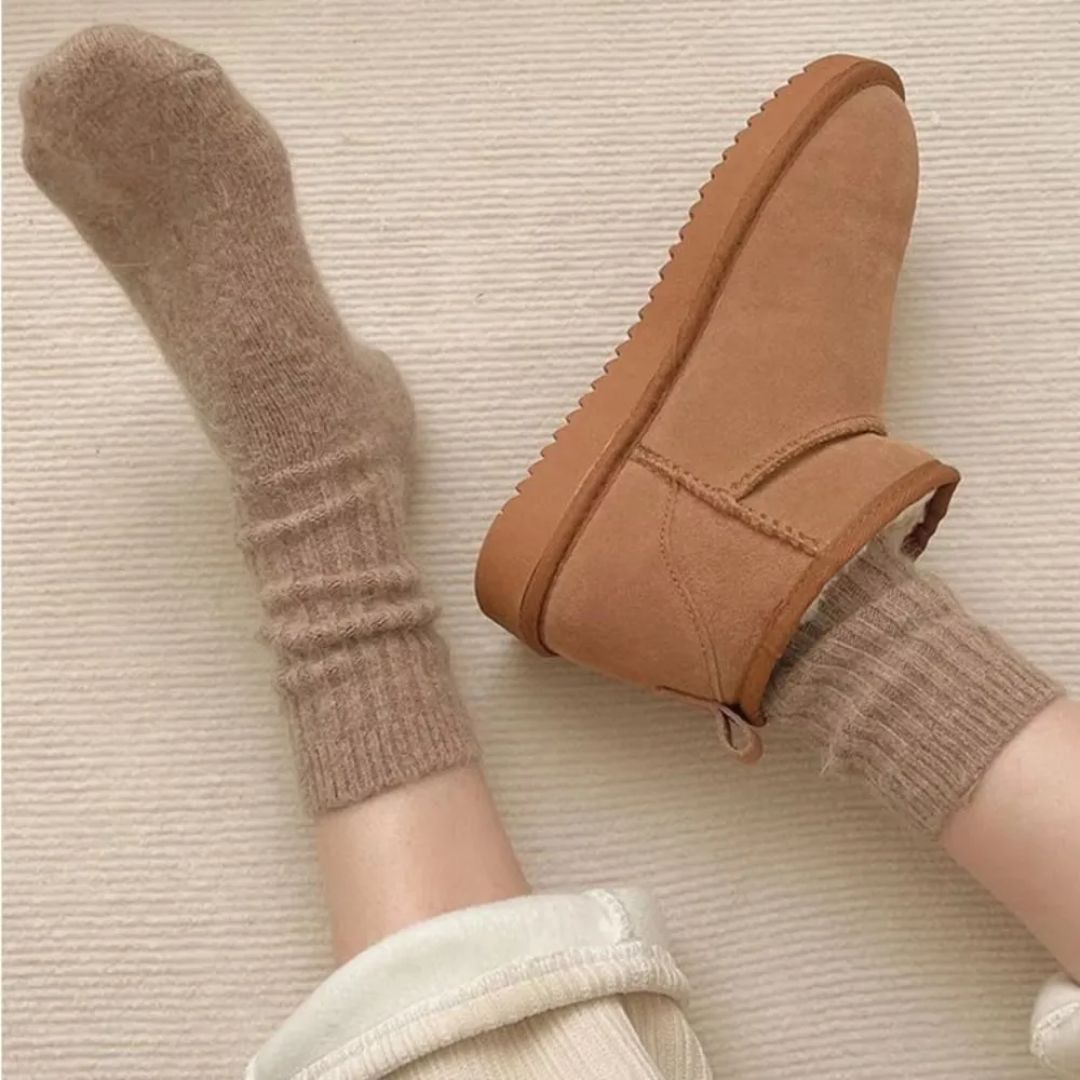 Soft wool socks for women in gray, purple, pink, black and white, sold in packs of three