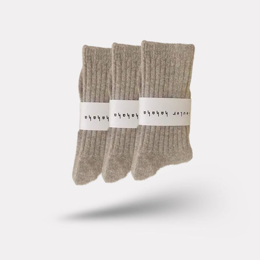 Soft wool socks for women in gray, purple, pink, black and white, sold in packs of three