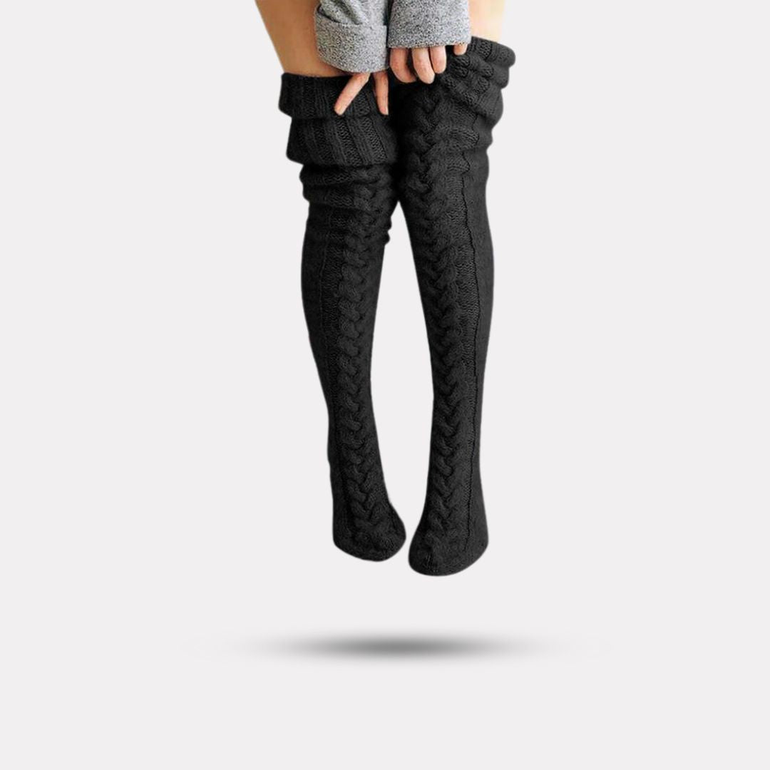 Long knit winter socks reaching mid-calf, in gray, pink, black, off-white and dark gray