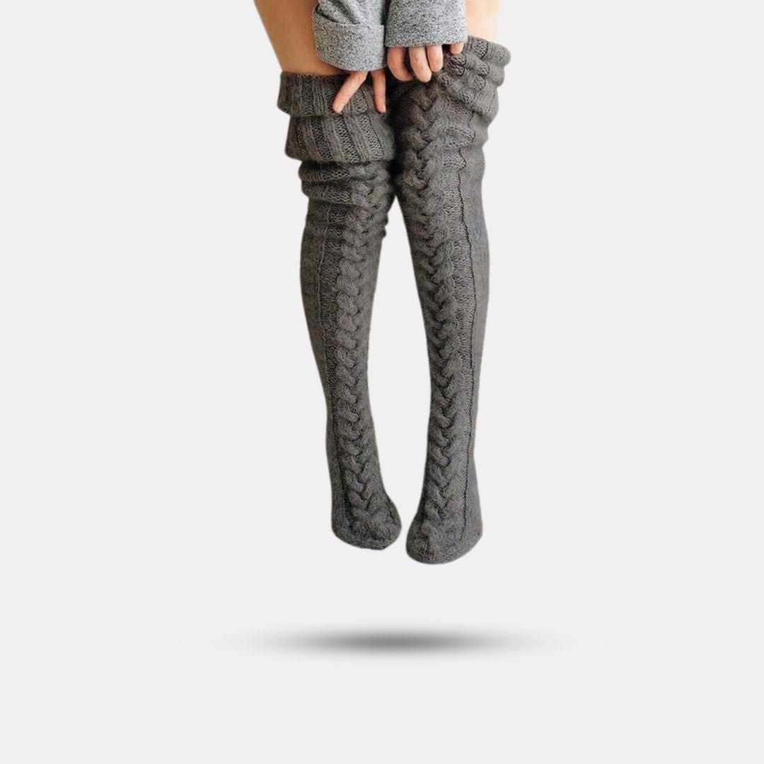 Long knit winter socks reaching mid-calf, in gray, pink, black, off-white and dark gray