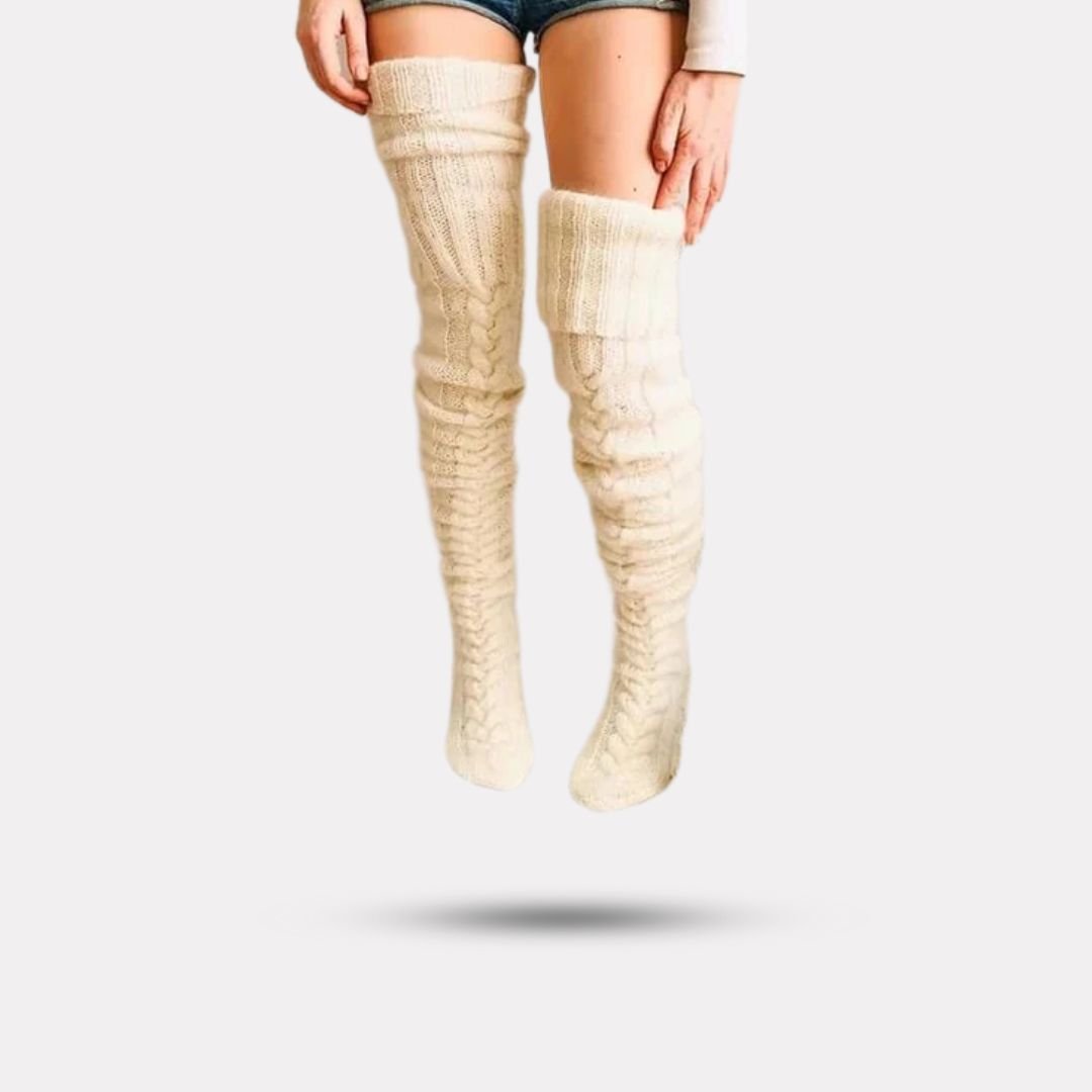 Long knit winter socks reaching mid-calf, in gray, pink, black, off-white and dark gray