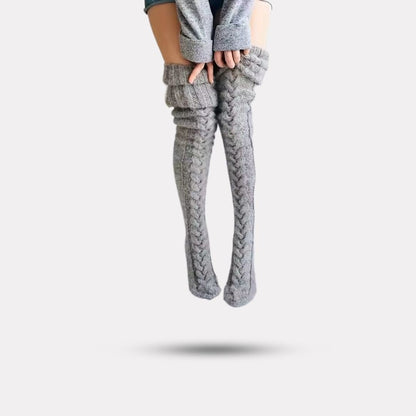 Long knit winter socks reaching mid-calf, in gray, pink, black, off-white and dark gray