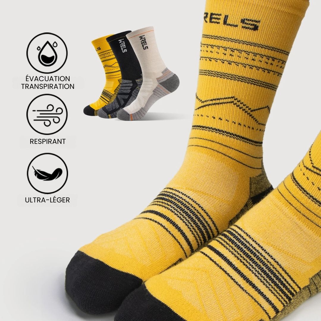 Merino wool sport socks in black, beige and yellow with a cushioned sole and ribbed cuff