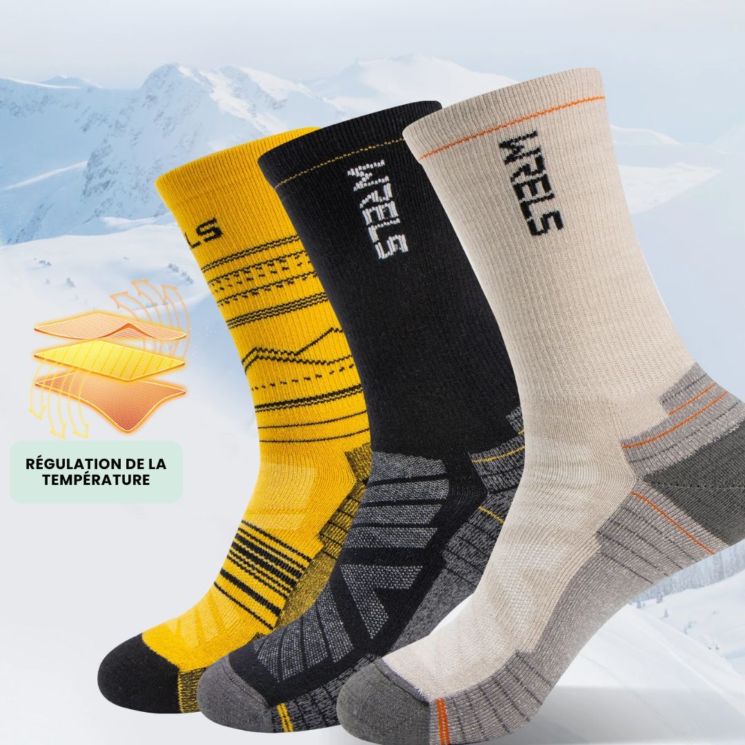 Merino wool sport socks in black, beige and yellow with a cushioned sole and ribbed cuff
