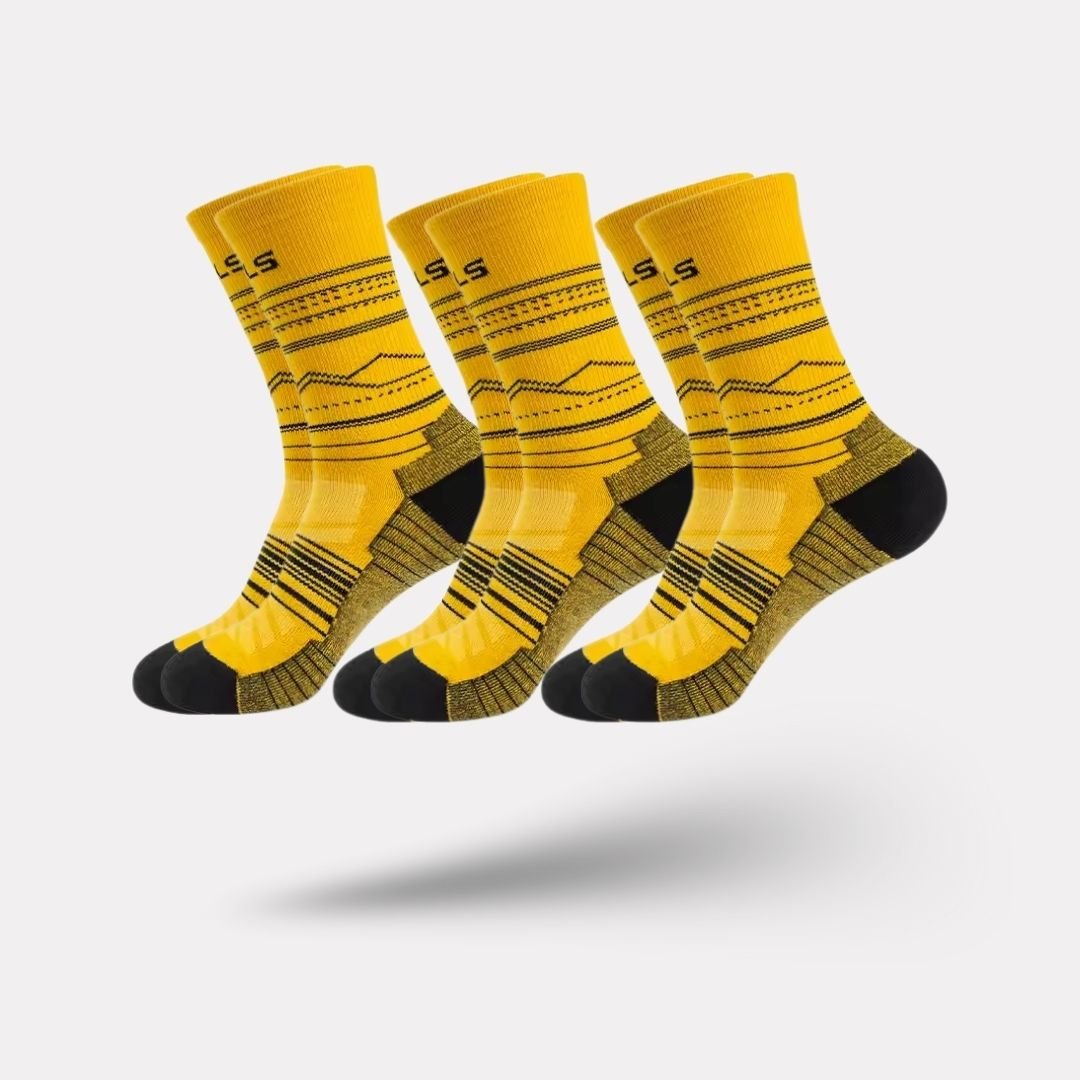 Merino wool sport socks in black, beige and yellow with a cushioned sole and ribbed cuff