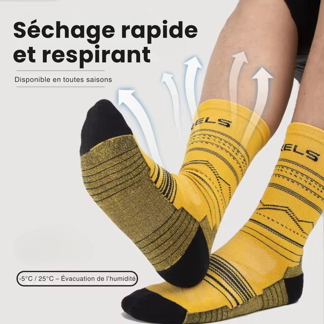 Merino wool sport socks in black, beige and yellow with a cushioned sole and ribbed cuff