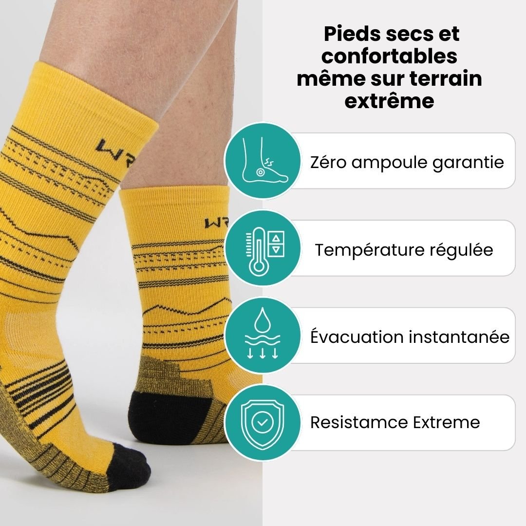 Merino wool sport socks in black, beige and yellow with a cushioned sole and ribbed cuff