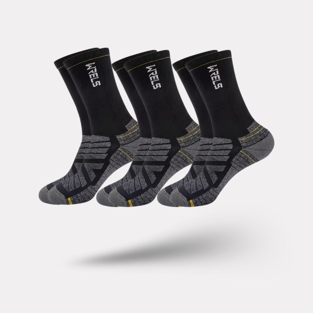Merino wool sport socks in black, beige and yellow with a cushioned sole and ribbed cuff