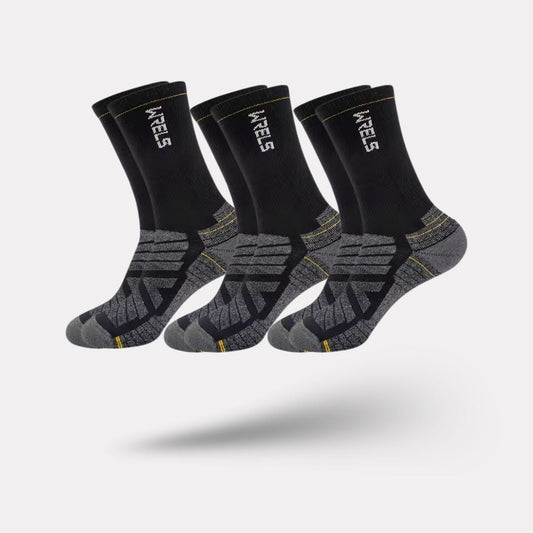 Merino wool sport socks in black, beige and yellow with a cushioned sole and ribbed cuff