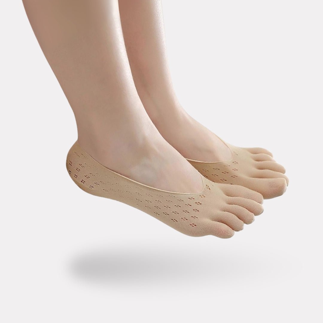 Orthopedic compression socks worn up the calf, in nude, white, gray and pink