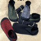 Minimalist barefoot shoes with a thin flexible sole, in red, black, green and gray