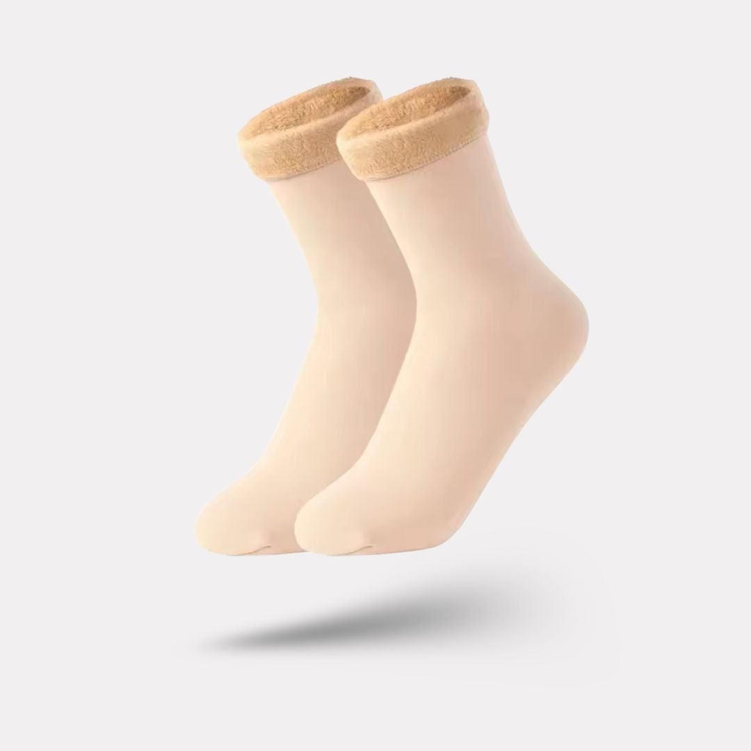 Beige fleece lined winter socks, thick and soft around the whole foot