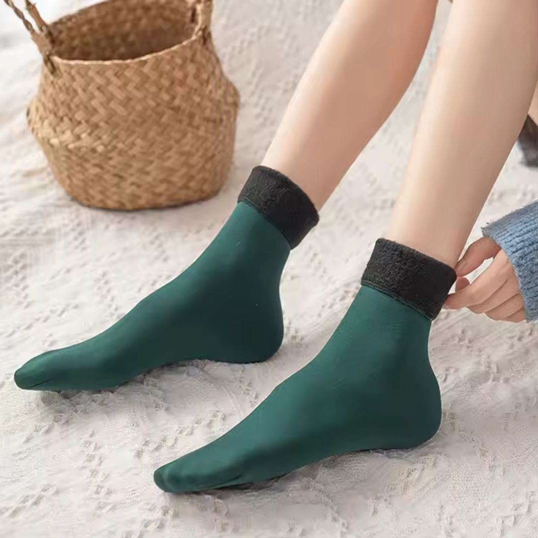 Beige fleece lined winter socks, thick and soft around the whole foot
