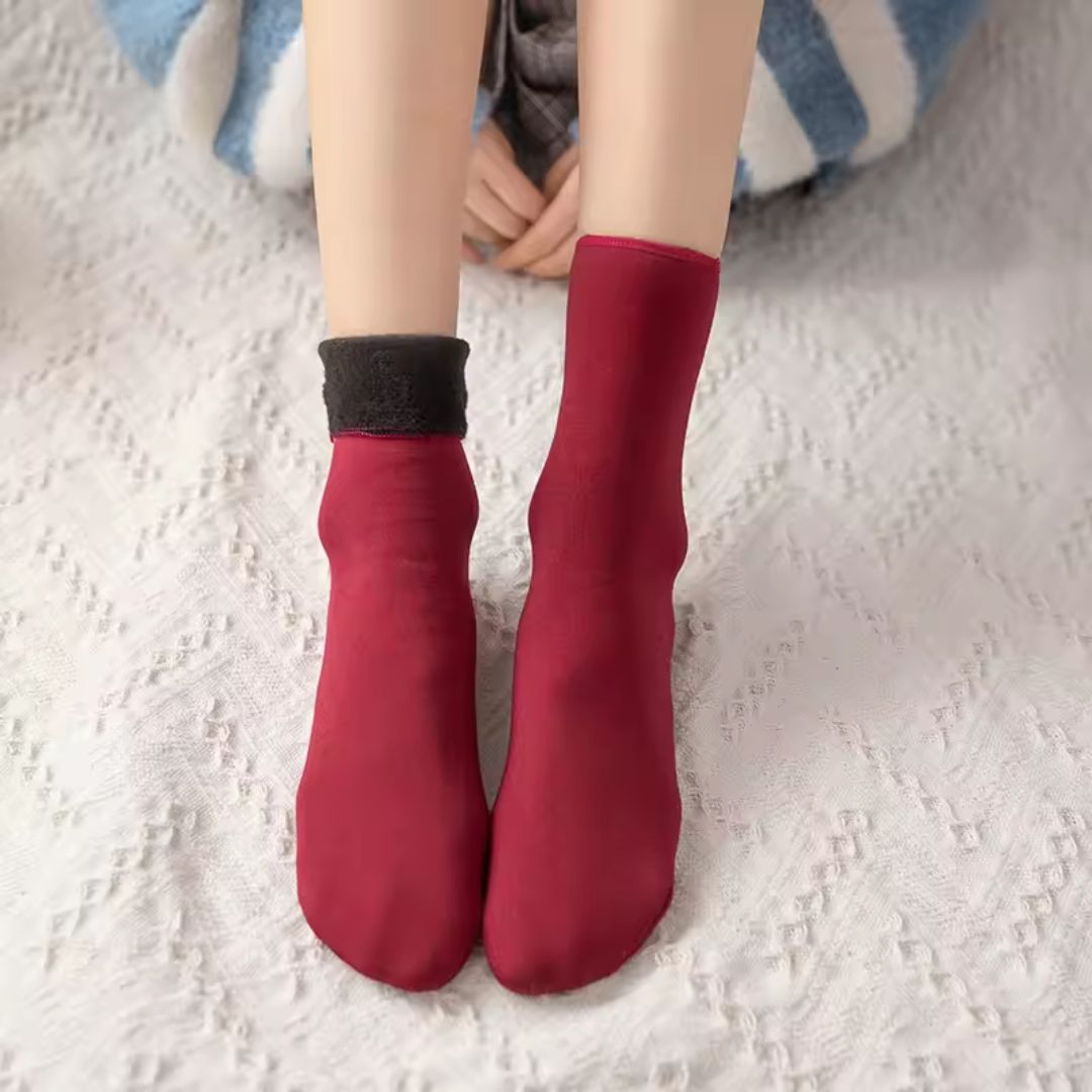 Beige fleece lined winter socks, thick and soft around the whole foot