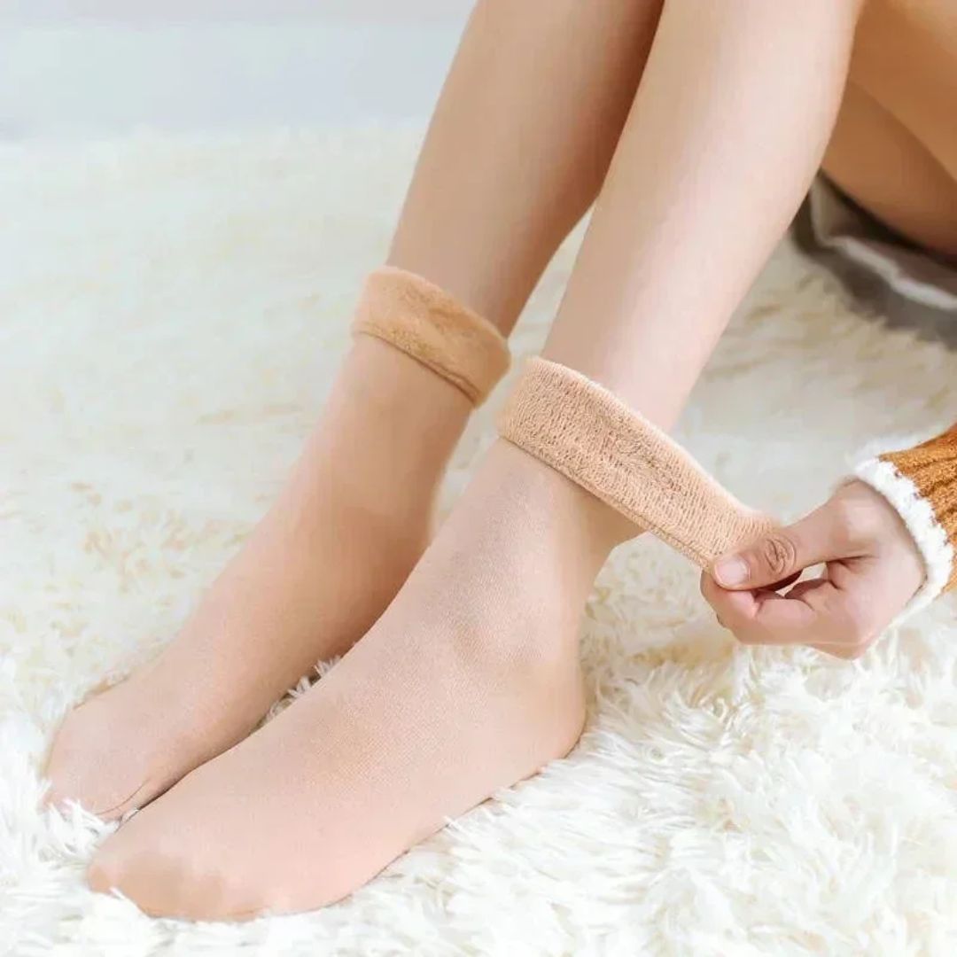 Beige fleece lined winter socks, thick and soft around the whole foot