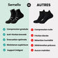 Black and white running socks in ankle and crew heights with a reinforced arch band