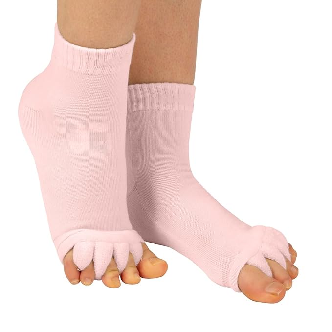 Toe separator socks in white or black that hold each toe apart while worn