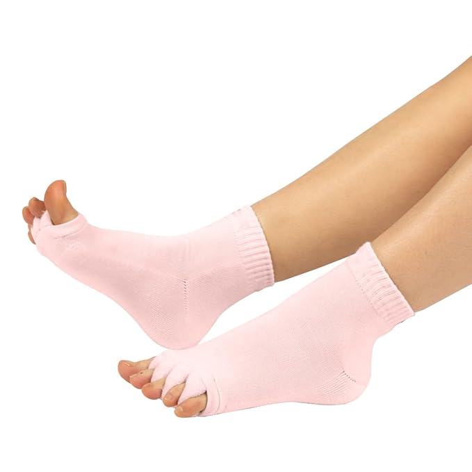 Toe separator socks in white or black that hold each toe apart while worn