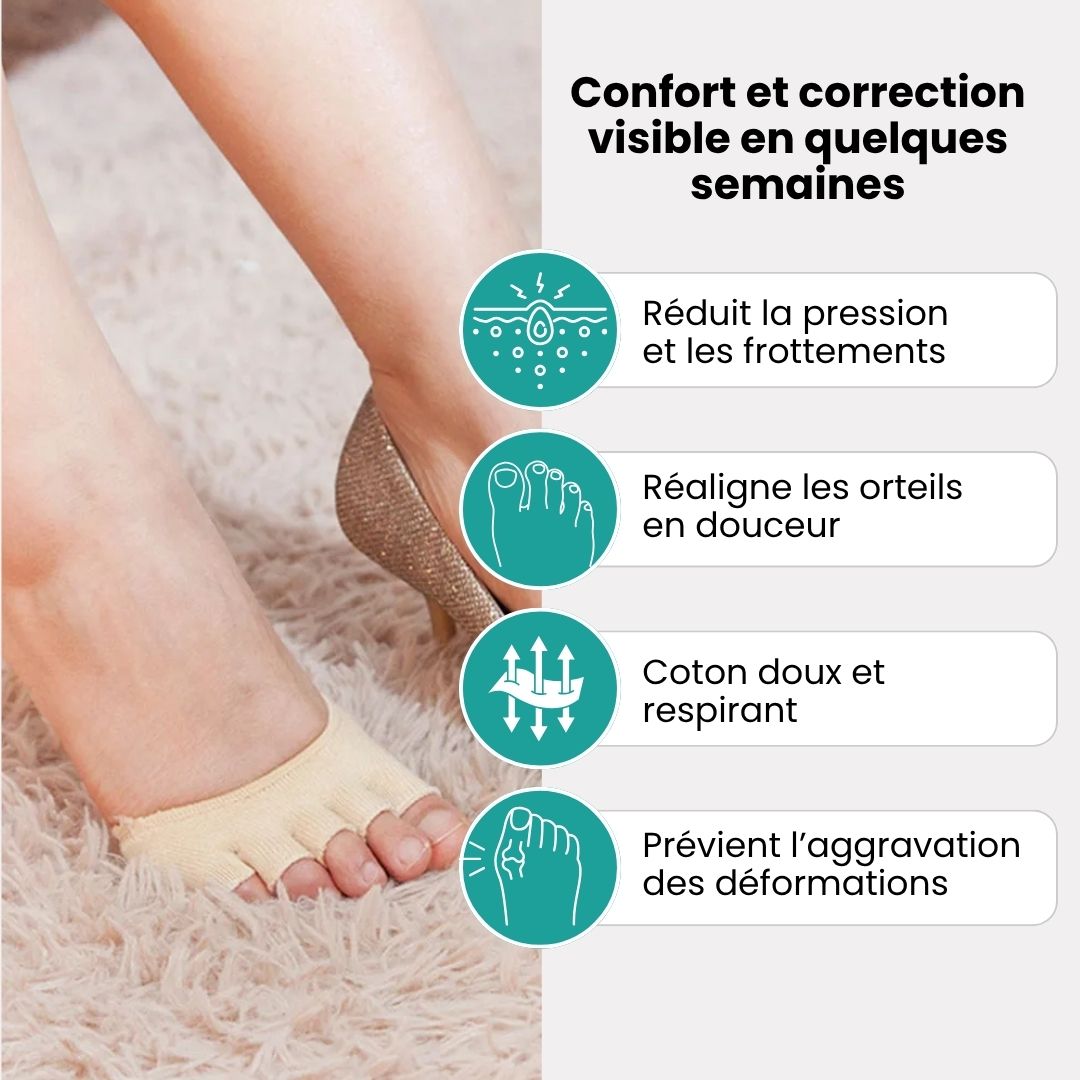 Toe separator socks that spread and hold each toe apart, in black and beige