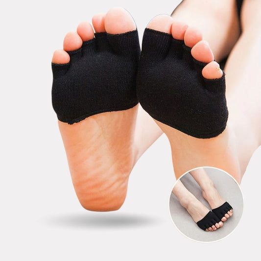Toe separator socks that spread and hold each toe apart, in black and beige